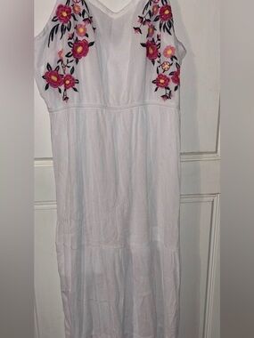 White Maxi Dress with Pink Floral Embroidery
